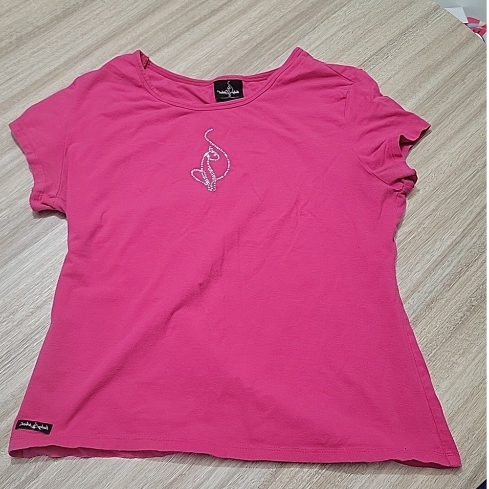 Baby Phat Hot Pink Rhinestone Cat Logo Short Sleeve Tee Shirt Y2K Medium